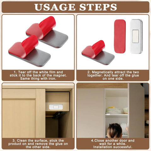 Packaging and installation steps for Six Pack Ultra Thin Cabinet Magnetic Catch Set In Stainless Steel For Hidden Door Closures.