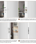 Installation steps for Two Pack Adjustable Door Ball Catch Set In Silver, showing drilling, embedding, and alignment process.