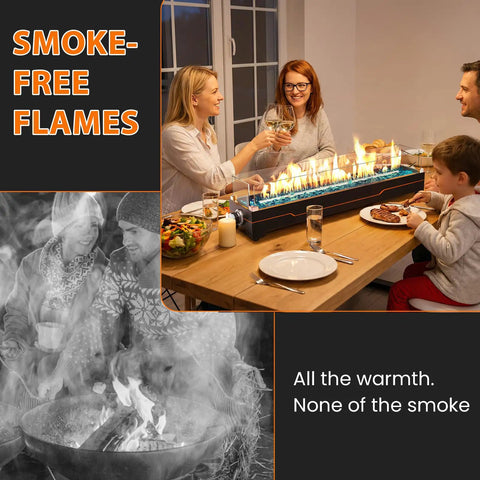Family enjoying dinner indoors with 36 Inch Tabletop Propane Fire Pit With 50000 BTU Portable Gas Fireplace For Patio Hangs And Outdoor Use