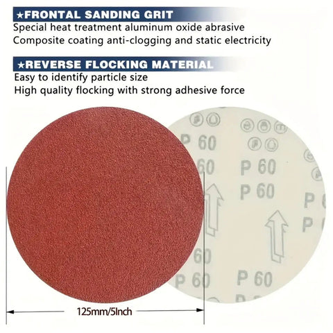 Premium 5 Inch Hook And Loop Sanding Discs With Durable Aluminum Oxide abrasive For Heavy Duty Wood Metal Work In 60 To 1000 Grits showing a close-up view of the sanding grit.