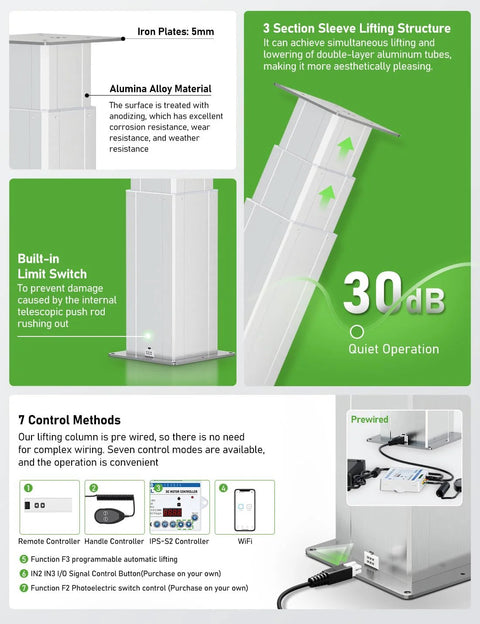 DIHOOL electric lift table with motorized lifting column, silver aluminum construction, wireless remote and app control