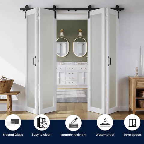 56 Inch By 84 Inch Bifold Sliding Barn Door With One Lite Tempered Frosted Glass Panel And Sliding Hardware Kit Pre Drilled Closet Slab 5.33 Foot Track For Four Doors MDF White