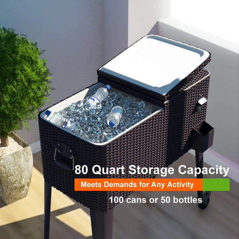 80 Quart Rattan Rolling Cooler Cart For Outdoor Patio Parties On Wheels With Brown Wicker Finish Keeps Drinks Cold For Up To 36 Hours