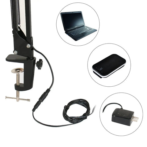 Go To Metal Adjustable Swing Arm Desk Lamp With Clamp Touch Control showing metal clamp, power cord, and compatible devices