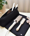 Travel Hair Tools Bag With Heat Resistant Mat 2 In 1 Organizer For Flat Irons Curling Irons And Straighteners, black bag with accessories.