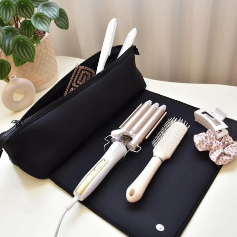 Travel Hair Tools Bag With Heat Resistant Mat 2 In 1 Organizer For Flat Irons Curling Irons And Straighteners, black bag with accessories.