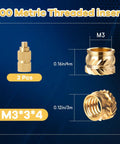 M3 Heat Set Inserts Kit for 3D Printing, 100 M3x3x4mm Threaded Inserts and 2 M3 Heatset Adapters, brass knurled nuts diagram