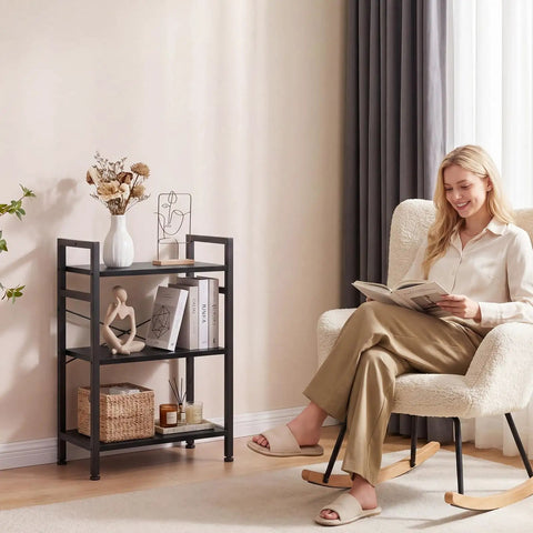 Dope Three Tier Industrial Bookcase With Metal Frame Black Finish in living room with decor, books, and a woman reading nearby.