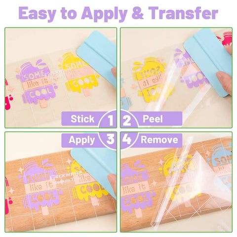 Step-by-step application using Clear Transfer Tape For Vinyl With Alignment Grid, 12 Inch By 10 Ft, for precise vinyl transfers