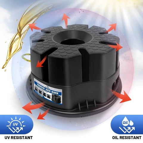 6 Inch Trailer Jack Block With Carry Bag For RV And Travel Trailers, shown in black polymer with UV and oil resistance features