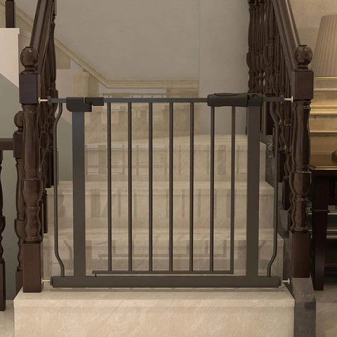 Narrow Baby Gate For Tight Doorways And Small Spaces Indoor Safety Gate With No Fuss Auto Close And Walk Through Design Sturdy Metal Pet Gate For Home Use Adjustable 29 To 34 Inches Black Fits Stairs And Door Openings installed on staircase