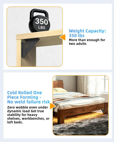 Bulletproof Heavy Duty Triangle Corner Brace Brackets For Wood Furniture Repair with 350 lbs weight capacity on a shelf.