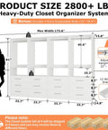 White Modular Closet System, Set Of 4 With 12 Drawers And 8 Rods,  dimensions including adjustable rods and detailed measurements.