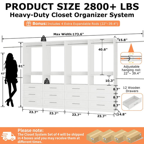 White Modular Closet System, Set Of 4 With 12 Drawers And 8 Rods,  dimensions including adjustable rods and detailed measurements.