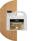 Oil Refreshing Soap For Oil Treated Wood Surfaces, A Concentrated Cleaner. Visible: front label of a 2.5L bottle on wood texture.