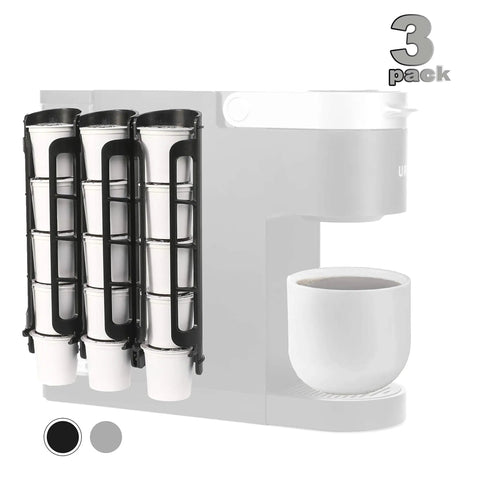 Side Mount Coffee Pod Holder for Keurig Machines, Space Saving K Cup Organizer, 3 rows shown on a coffee maker with a mug.
