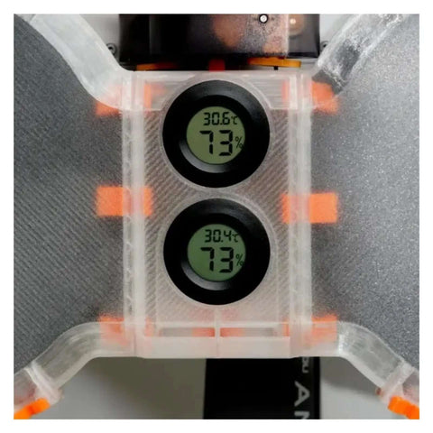 Close-up of Sealed Filament Spool Enclosure for AMS Lite with humidity display, fits Bambu Lab A1 and A1 Mini, keeps filament dry.