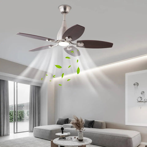 Pwefhsdjvh Ceiling Fan with LED Light 42 Inch Remote Control 5 Blades in living room with light beams and wood blades.