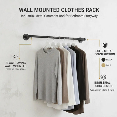Space Saving Garment Rack for Entryway and Bedroom, Industrial Metal Clothes Rod, wall-mounted with shirts hanging, open-frame design