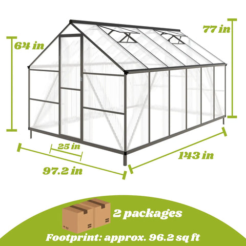 Walk In Outdoor Greenhouse 8x12 Ft With Polycarbonate Panels Easy Install Aluminum Frame Roof Vent Charcoal Black Durable Backyard Garden Greenhouse For Outside Plants Seedlings And Seasonal Growth