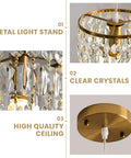 Crystal Pendant Light Kit For Kitchen Island With Height Adjustable Gold Chandelier Hanging Ceiling Fixture E26 Bulb Compatible Two Pack; details of metal stand, clear crystals, and ceiling mount