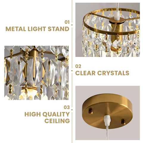 Crystal Pendant Light Kit For Kitchen Island With Height Adjustable Gold Chandelier Hanging Ceiling Fixture E26 Bulb Compatible Two Pack; details of metal stand, clear crystals, and ceiling mount