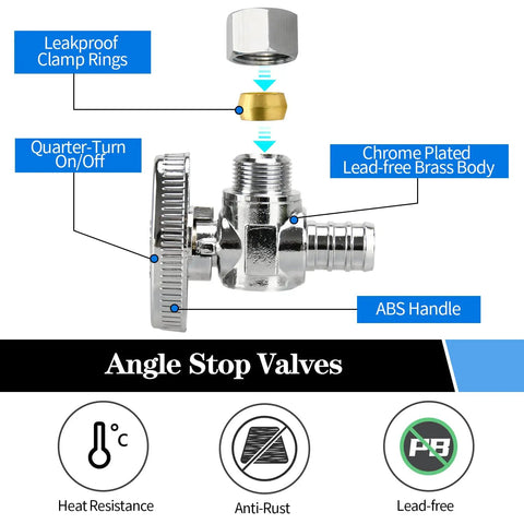 Solid As A Rock 2 Pack Quarter Turn Angle Stop Valves For Sink And Faucet Lines Premium Chrome Plated Brass with ABS Handle. 