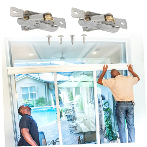 Heavy Duty Stainless Steel Sliding Door Wheels Pair With Double Pulley Track For Smooth Quiet Glide And No Sweat Cabinet Hardware Upgrade Set Includes Mounting Screws, installed on sliding door.