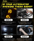 Signs of alternator issues: dashboard warning light, engine view, dim headlights, checking power windows.