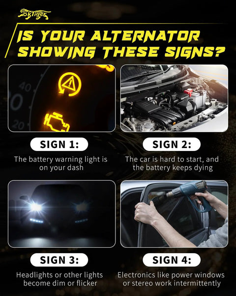 Signs of alternator issues: dash warning light, hard car start, dim headlights, malfunctioning electronics shown.