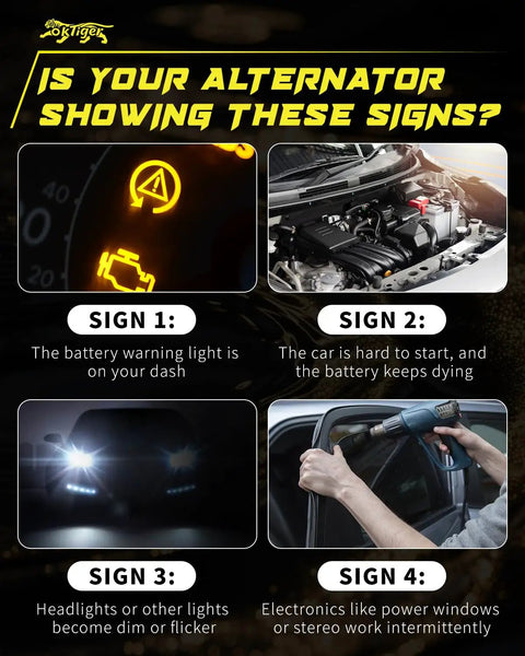 Image showing signs of alternator issues in vehicles: warning light, hard starts, dim lights, and electronics failure.