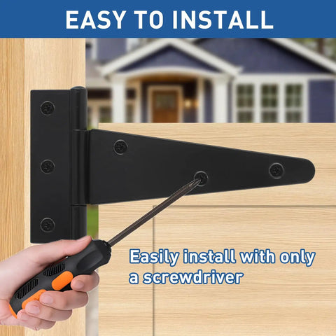 Heavy Duty T Strap Gate Hinge Set For Barn Doors And Garden Gates Black Wrought Iron Rustproof Hinge With 12 Inch Arms 6 Pack installed with screwdriver