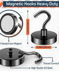 Heavy Duty Magnetic Hooks 80 Lb Capacity With Neodymium Grade 5 Magnets and Steel Construction showing dimensions and magnetic hook design.