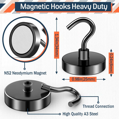 Heavy Duty Magnetic Hooks 80 Lb Capacity With Neodymium Grade 5 Magnets and Steel Construction showing dimensions and magnetic hook design.