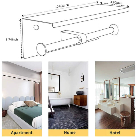 Diagram and examples of Stainless Steel Double Toilet Paper Holder With Shelf Wall Mounted Matte Black Finish Rustproof SUS304 Construction in various settings
