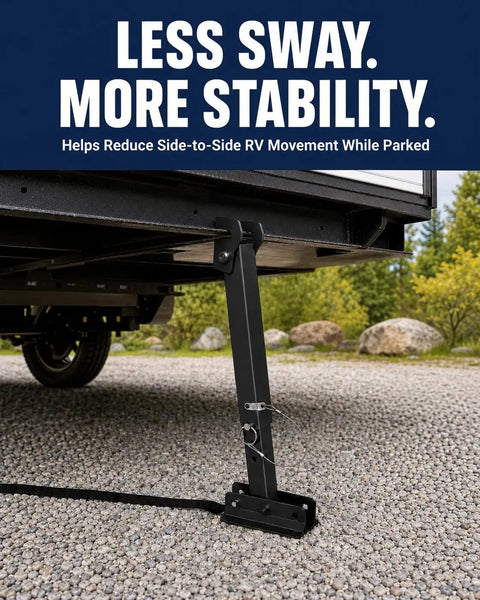 Heavy Duty RV Stabilizer Kit Packs Adjustable I Beam Mounts To Slam The Sway And Kill That Bounce Right Out The Gate For Campers And Travel Trailers 17 To 35 Inches, stabilizer leg mounted on gravel surface.
