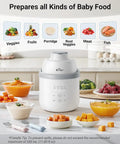 All-In-One Baby Food Maker Steamer And Blender with ingredients and baby meals on a kitchen counter.