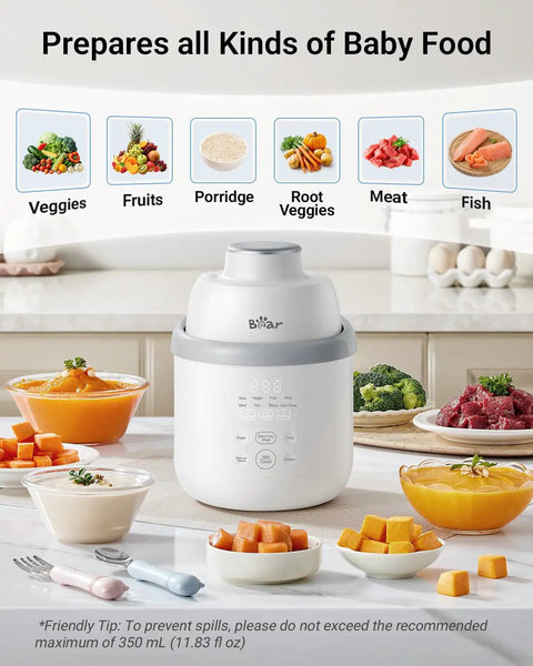 All-In-One Baby Food Maker Steamer And Blender with ingredients and baby meals on a kitchen counter.