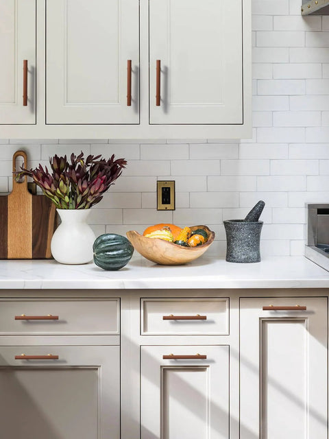 Kitchen featuring Brown Leather Drawer Pulls 5 Pack, 3.78 Inch Hole Center, Handmade Leather Dresser Knobs with Brass Base on cabinets