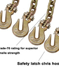 G70 hooks on heavy duty tie down kit chains for truck hauling, towing, and cargo security with safety latch clevis hook details.