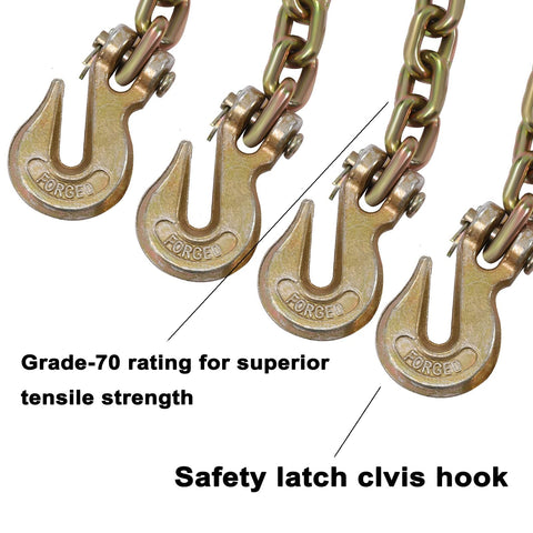 G70 hooks on heavy duty tie down kit chains for truck hauling, towing, and cargo security with safety latch clevis hook details.
