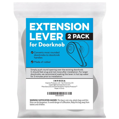 Door Knob Extension 2 Pack Soft Black Rubber packaging showing product features and suitability for rounded doorknobs