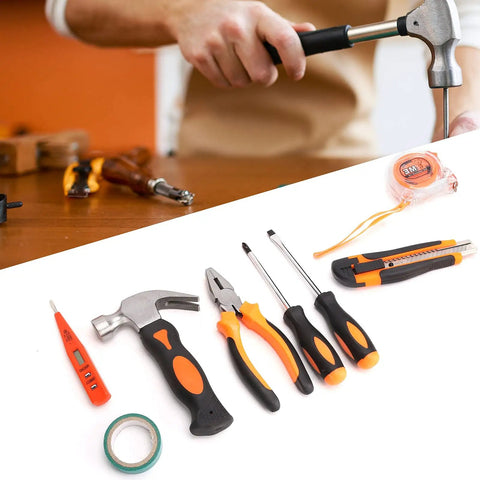 9 Piece Home Repair Tool Kit with screwdrivers, pliers, hammer, utility knife, digital electric pen, ruler, electrical tape, storage box