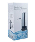 Box displaying Stainless Steel Countertop Water Purifier Filter with 10 Micron Carbon Block for Easy Tap Diverter Install