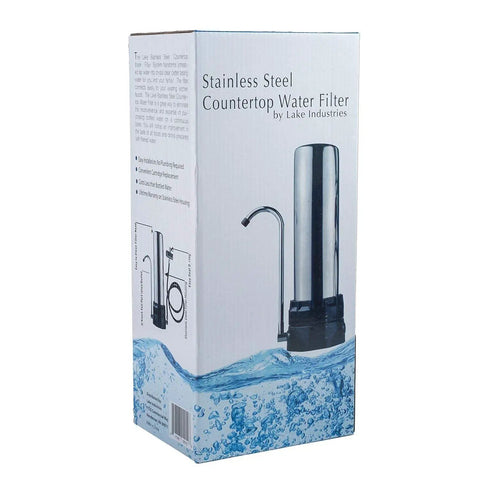 Box displaying Stainless Steel Countertop Water Purifier Filter with 10 Micron Carbon Block for Easy Tap Diverter Install