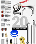 20 Piece Must Have Air Tool Kit For Air Compressors With One Quarter Inch NPT Quick Connects Tire Chucks Tire Gauge Ball Chuck Six Quick Connect Fittings Double Male And Female Connectors Air Nozzles And Hose Fittings displayed.