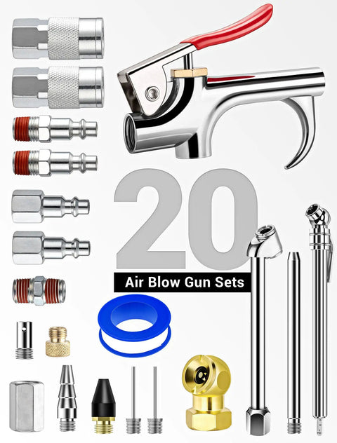 20 Piece Must Have Air Tool Kit For Air Compressors With One Quarter Inch NPT Quick Connects Tire Chucks Tire Gauge Ball Chuck Six Quick Connect Fittings Double Male And Female Connectors Air Nozzles And Hose Fittings displayed.