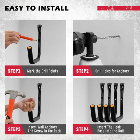 Installation steps for Heavy Duty 4 Piece 15 Inch Garage Storage Hooks Wall Mount Set Up To 100 Lbs Per Hook.