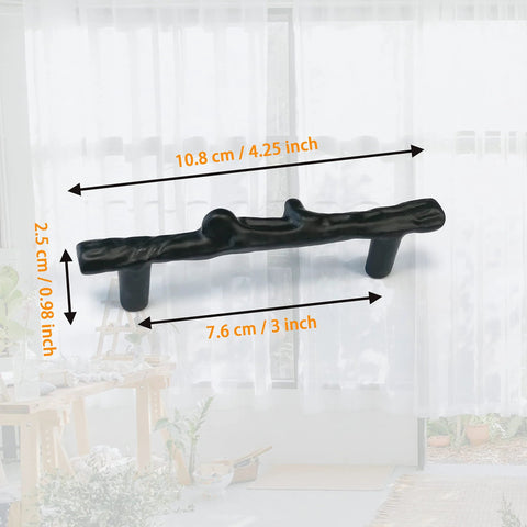 Six Piece Tree Branch Cabinet Handles Set In Black Twig Style Drawer Pulls With 3 Inch Hole Center, dimensions shown