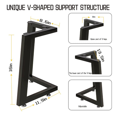 Heavy Duty 16 Inch Black Metal Coffee Table Legs Double V Shaped Design 2 Piece Set for DIY Furniture with Adjustable Levelers